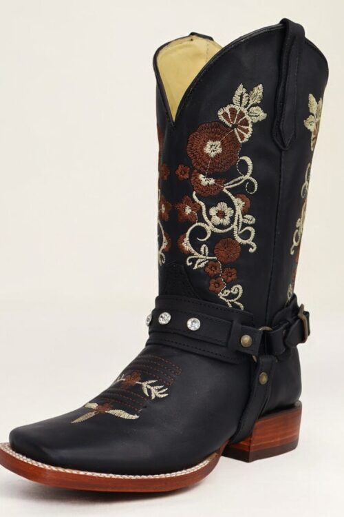 Harness Floral Embroidered Square Toe Boots