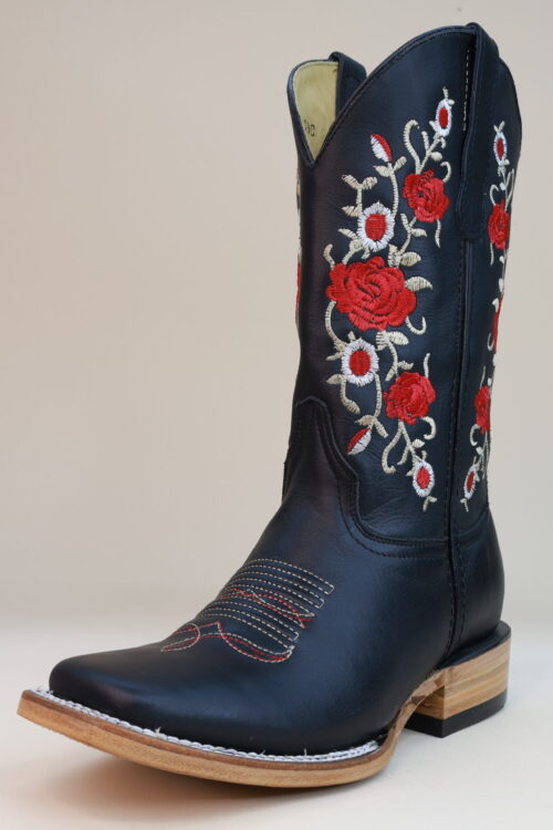 Red Roses Embroidered Square Toe Boots