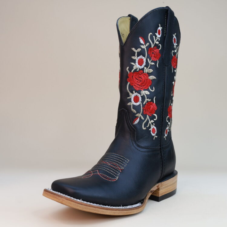 Red Roses Embroidered Square Toe Boots