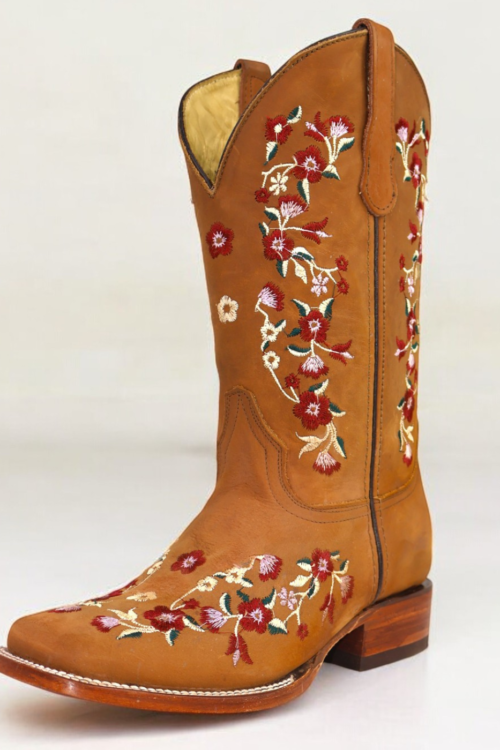 Floral Embroidered Multi Color Square Toe Boots