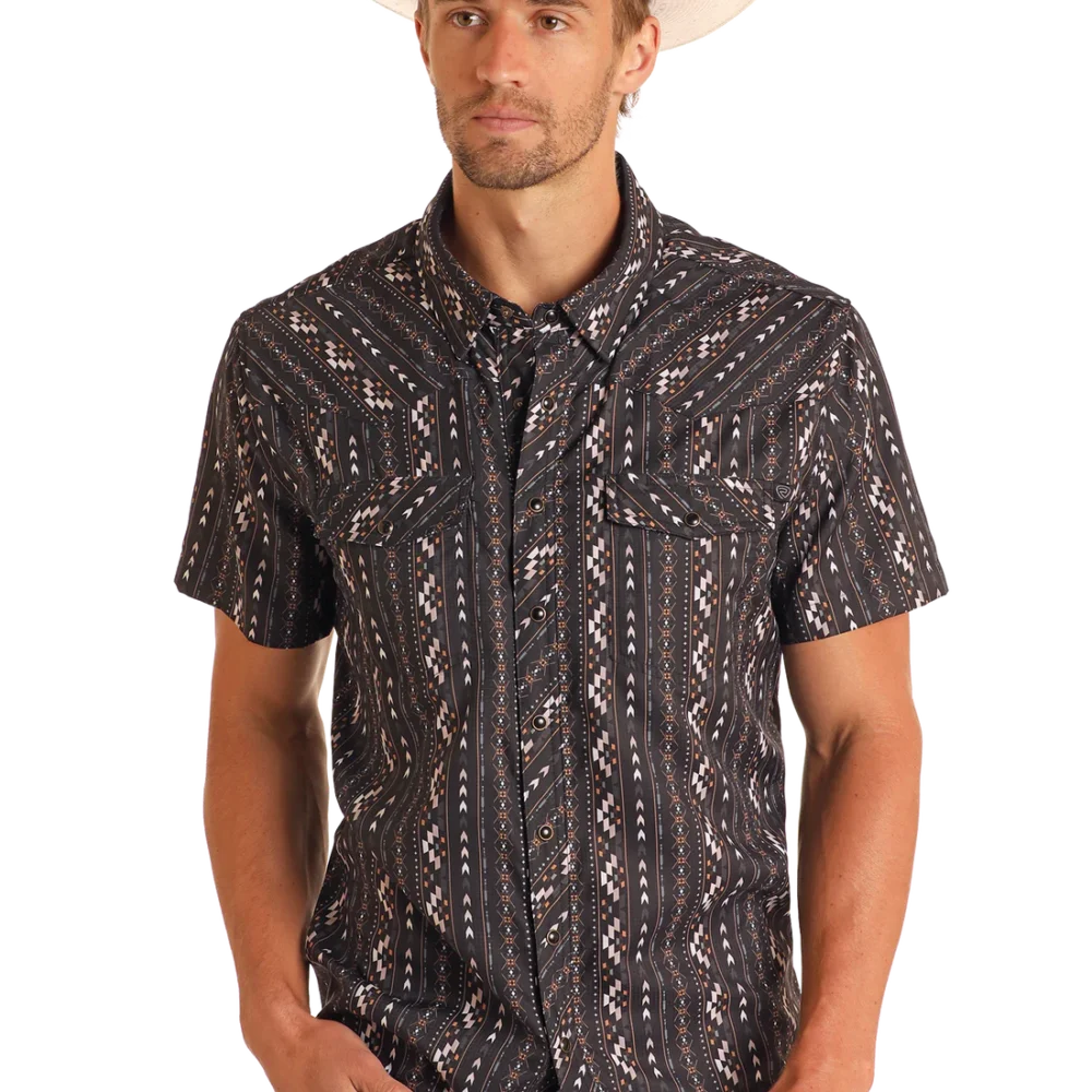 TEK Western Black Striped Aztec Print Short Sleeve Shirt