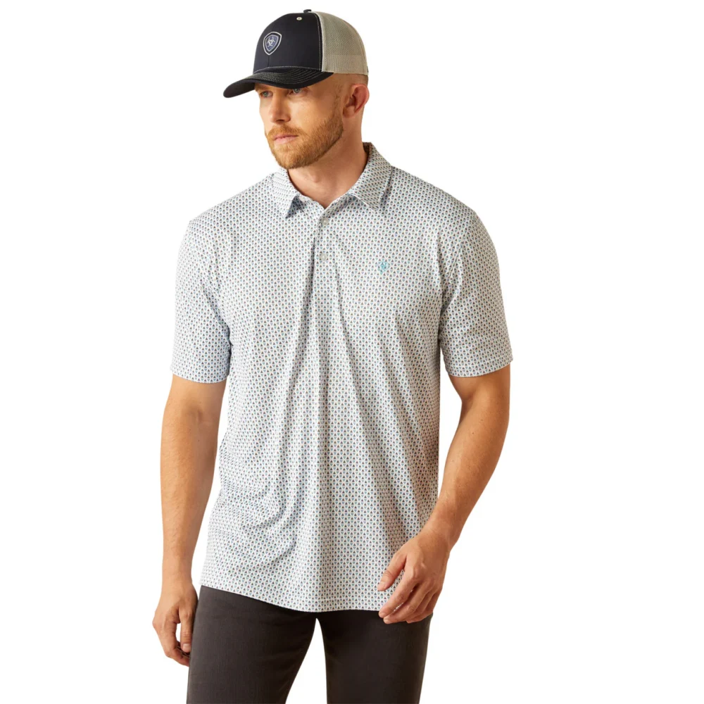 All Over Print White Polo Shirt