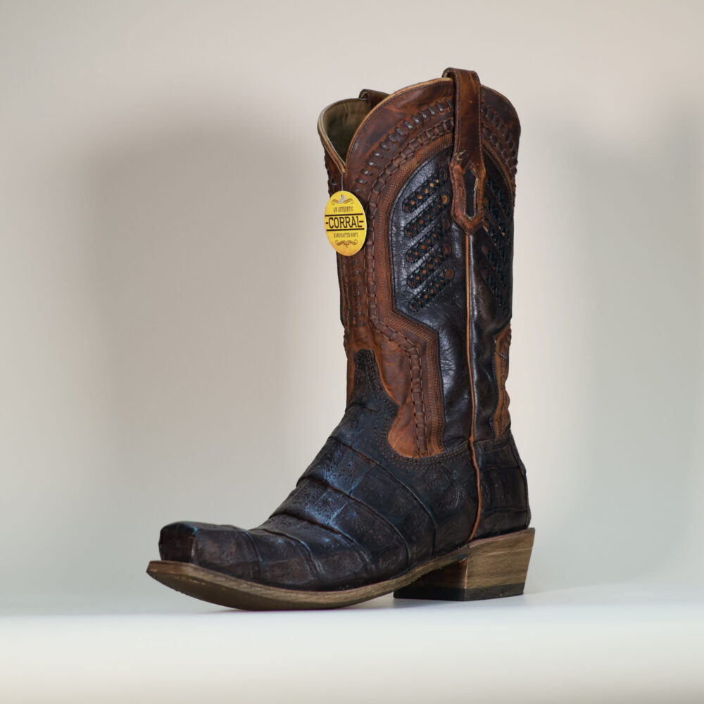 Corral Men’s Oil Brown Caiman Embroidery and Woven Shaft Narrow Square Toe Boots